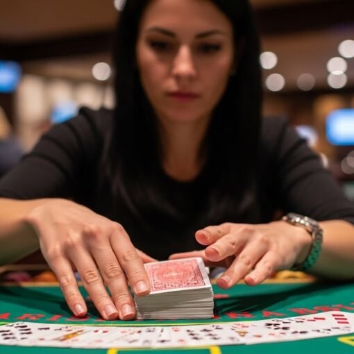 Blackjack Player with Her Hand on the Dealers Deck of Cards