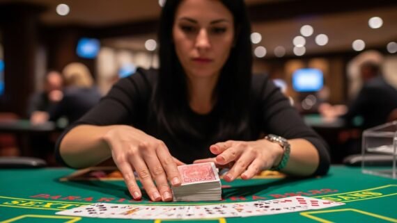 Blackjack Player with Her Hand on the Dealers Deck of Cards