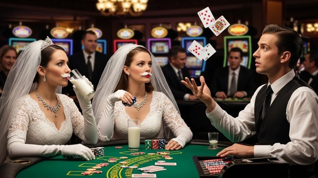 Blackjack Players in Wedding Dresses and Drinking Milk While Dealer Juggles